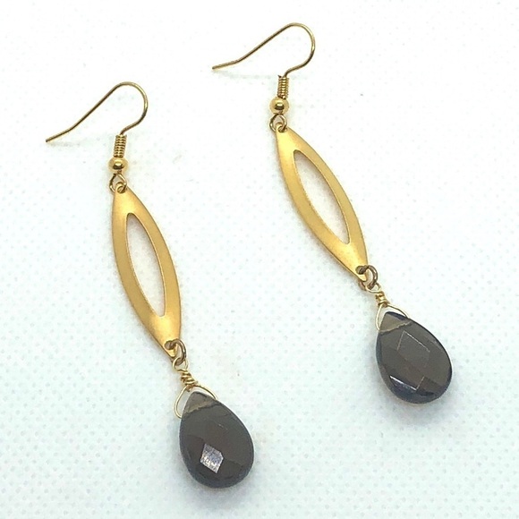 Matte Gold and Smokey Quartz Faceted Teardrop Earrings - Picture 2 of 7